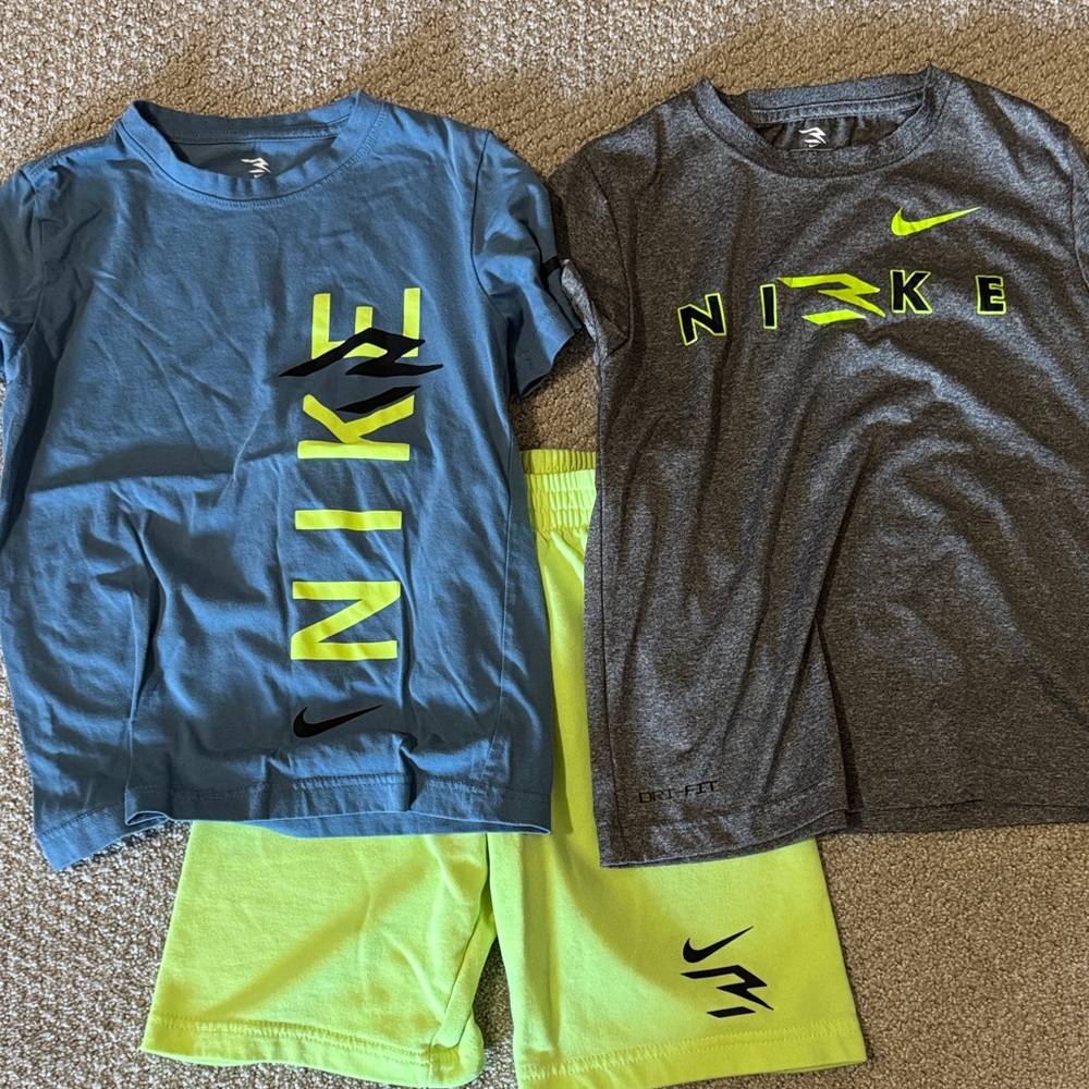 Nike Kids' Blue and Gray Tees with Neon Green Shorts (set of 3)